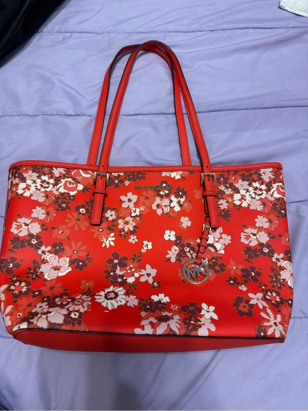 Michael Kors Red Floral Tote with MK Charm